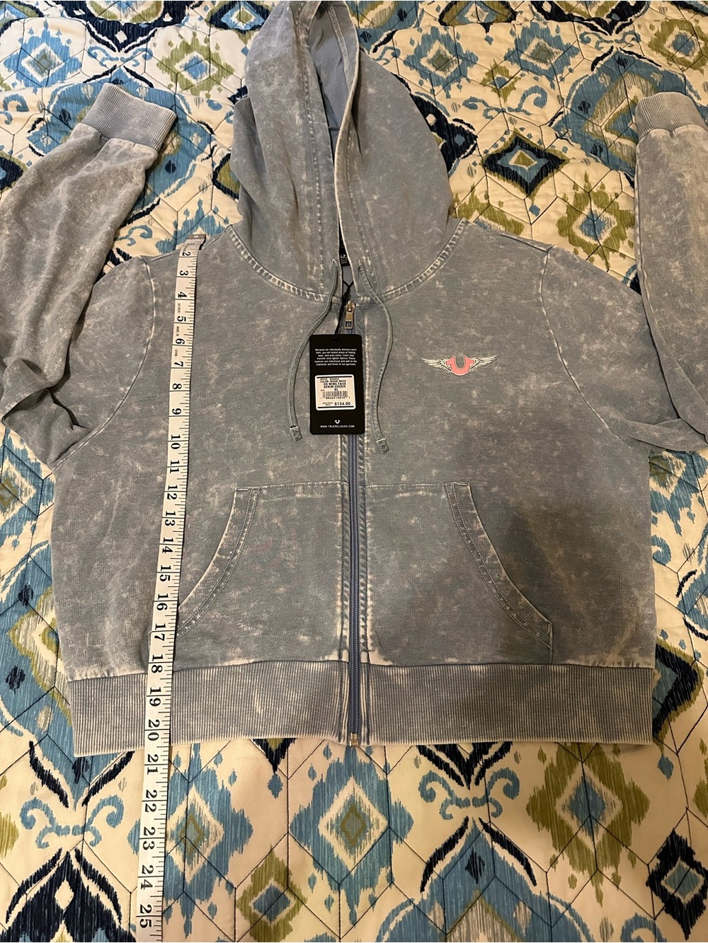 True Religion Light Blue Acid Wash Hoodie with Pink Logo. Size XL NWT - Picture 9 of 10